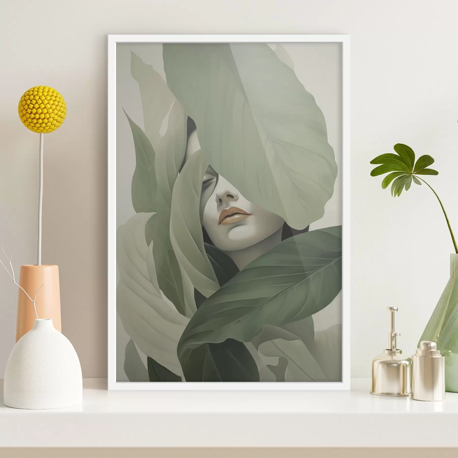 Fotobehang Surrealistisch portret van een meisje in gebladerte f47332