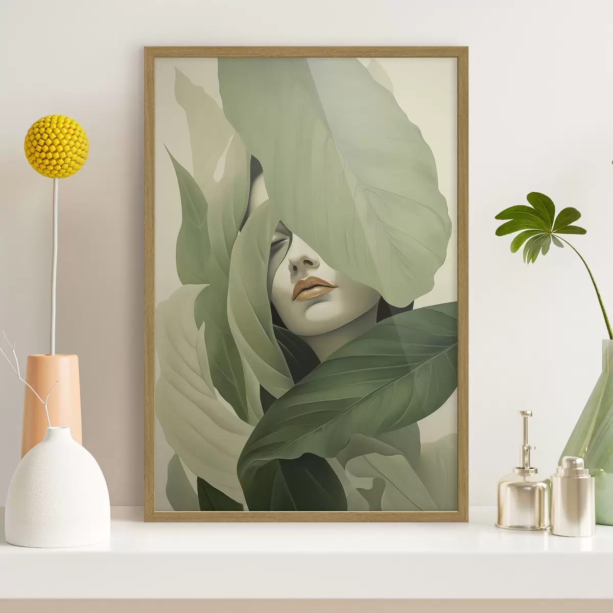 Poster Surrealistisch portret van een meisje in gebladerte f47332