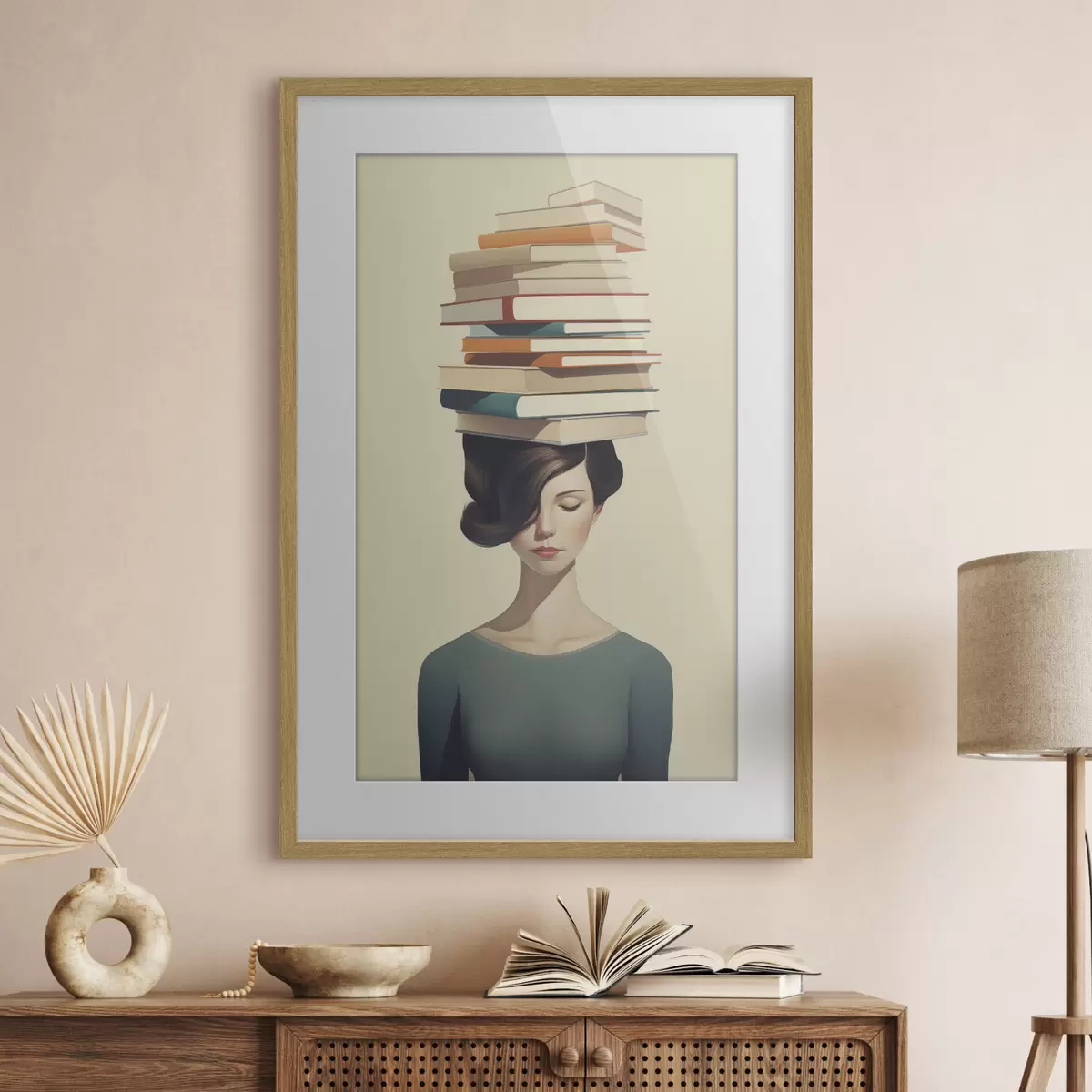 Poster Surrealistisch portret van een meisje met boeken f47334