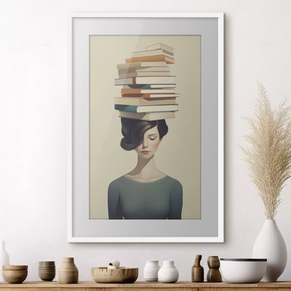 Poster Surrealistisch portret van een meisje met boeken f47334