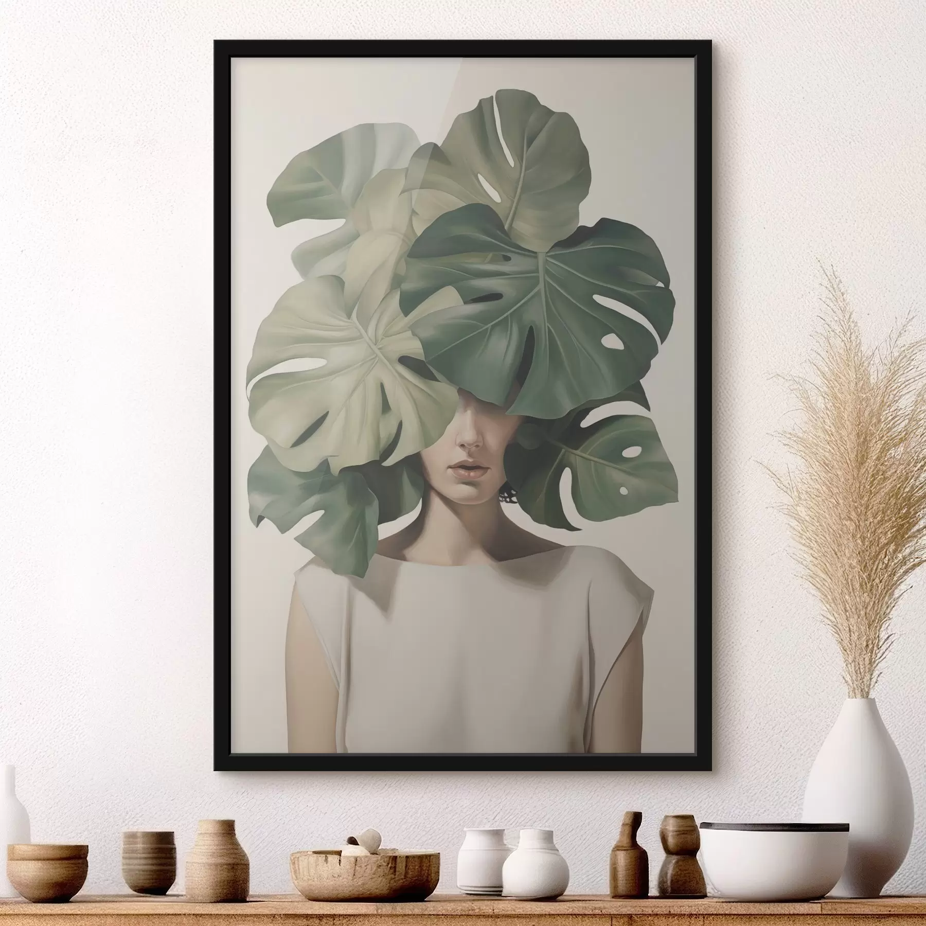 Fotobehang Abstract portret van een meisje met monstera-bladeren f47336