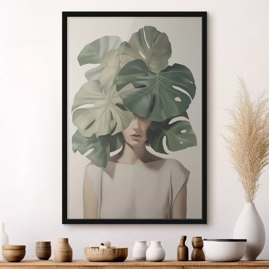 Fotobehang Abstract portret van een meisje met monstera-bladeren f47336