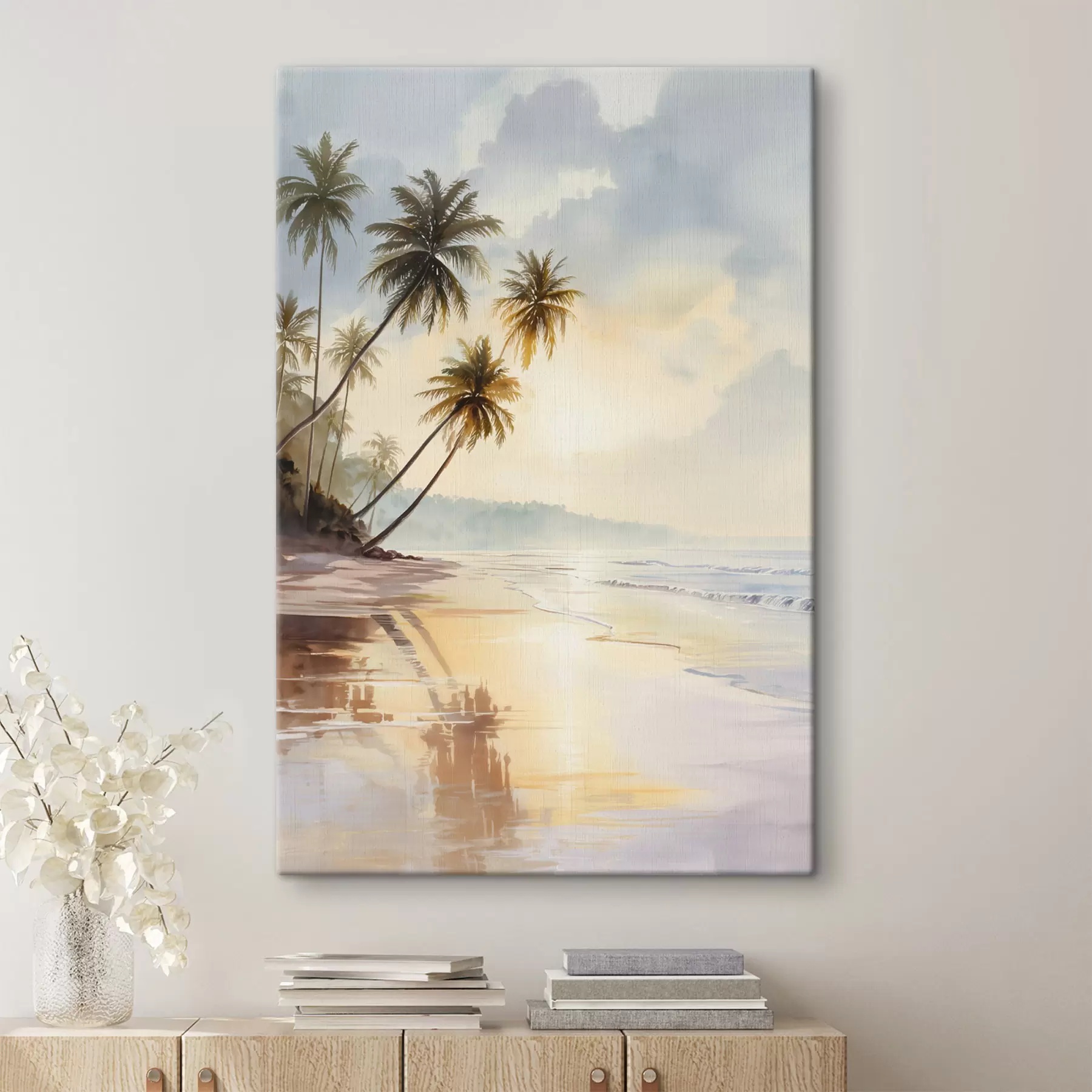  Schilderijen zonsondergangstrand op een eiland in aquarelstijl s47136