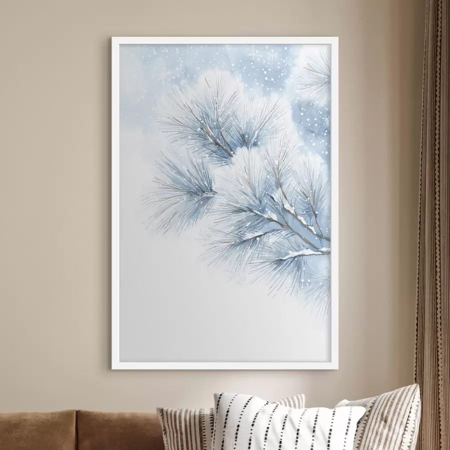 Fotobehang met sneeuw bedekte dennentak in aquarelstijl f47114