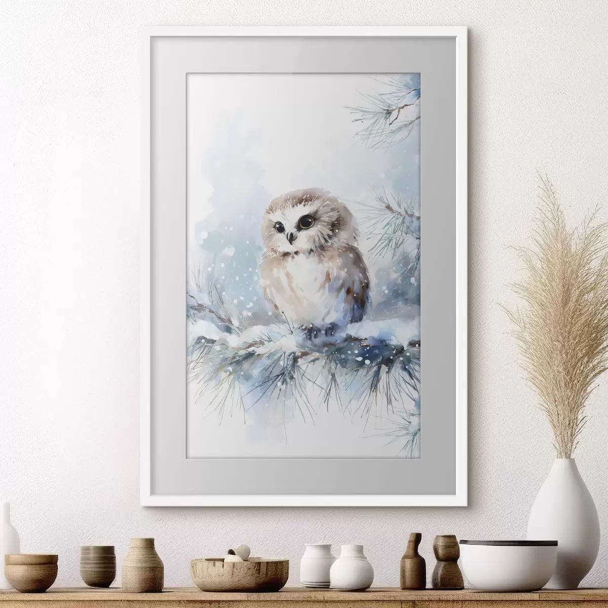 Poster schattige uil op een met sneeuw bedekte dennenboomtak in aquarelstijl f47115