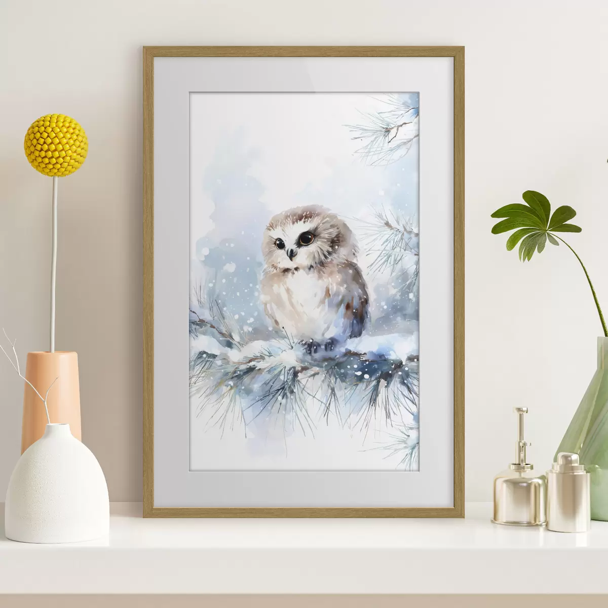 Poster schattige uil op een met sneeuw bedekte dennenboomtak in aquarelstijl f47115