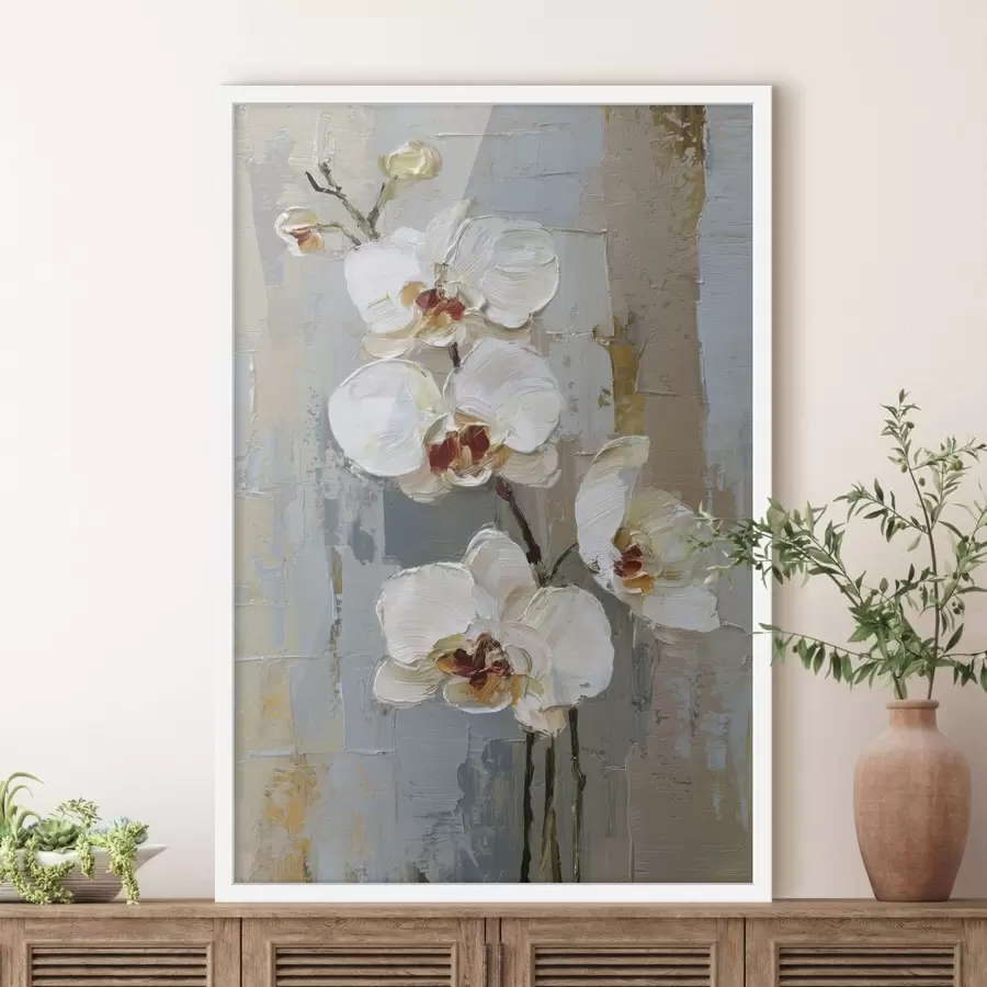 Fotobehang witte orchideebloemen in de stijl van een olieverfschilderij f47132