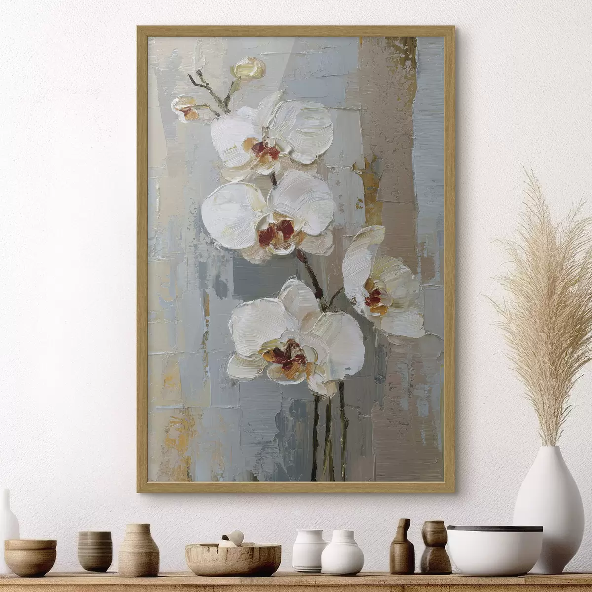 Poster witte orchideebloemen in de stijl van een olieverfschilderij f47132
