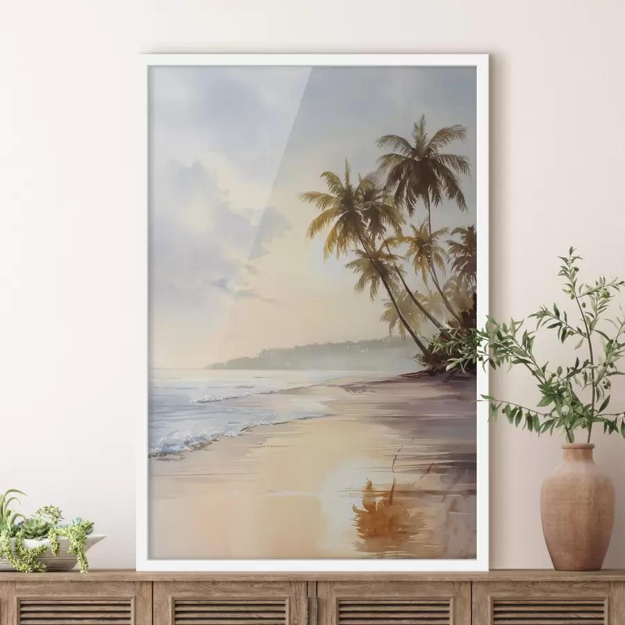 Fotobehang zonsondergangstrand op een eiland in aquarelstijl f47135