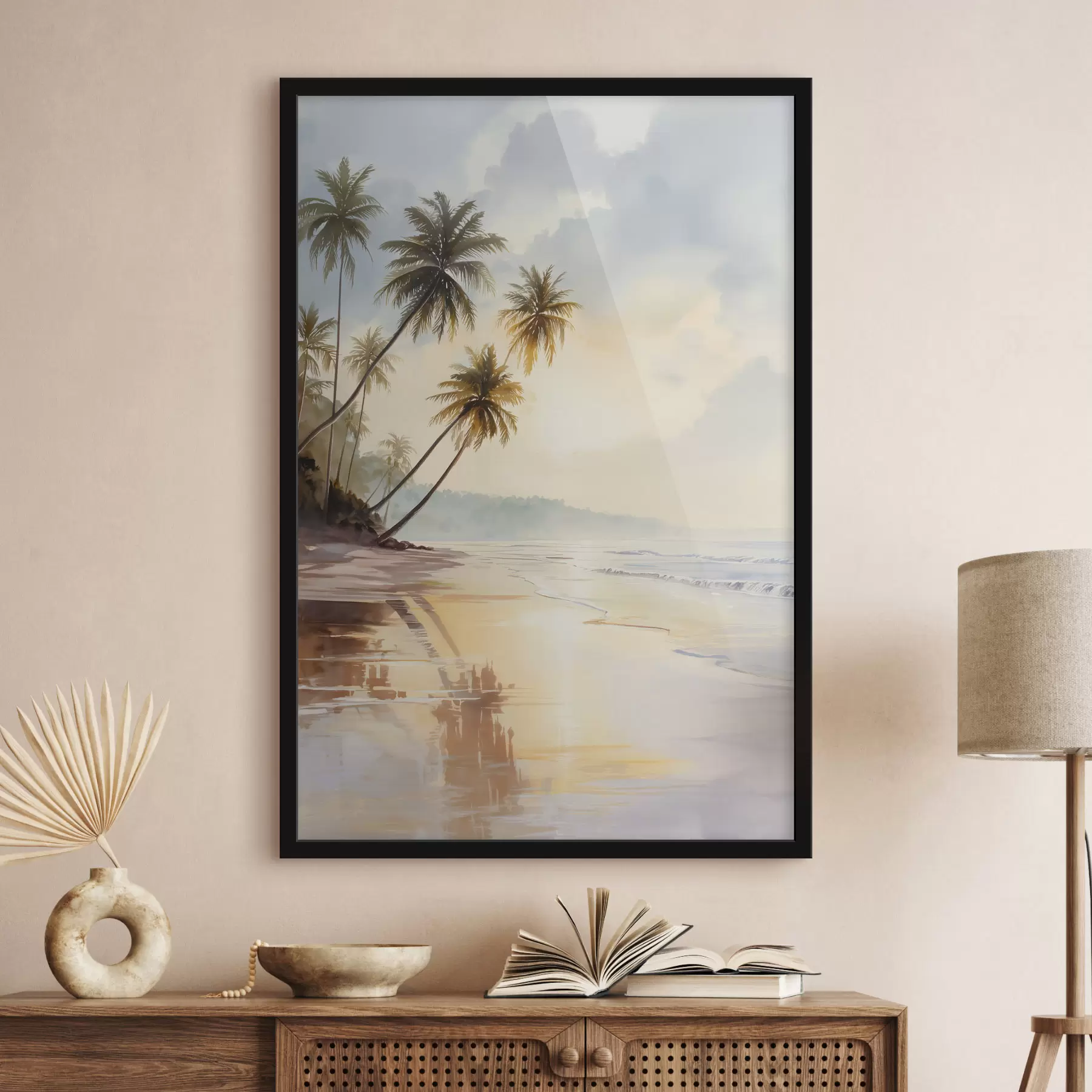 Fotobehang zonsondergangstrand op een eiland in aquarelstijl f47136