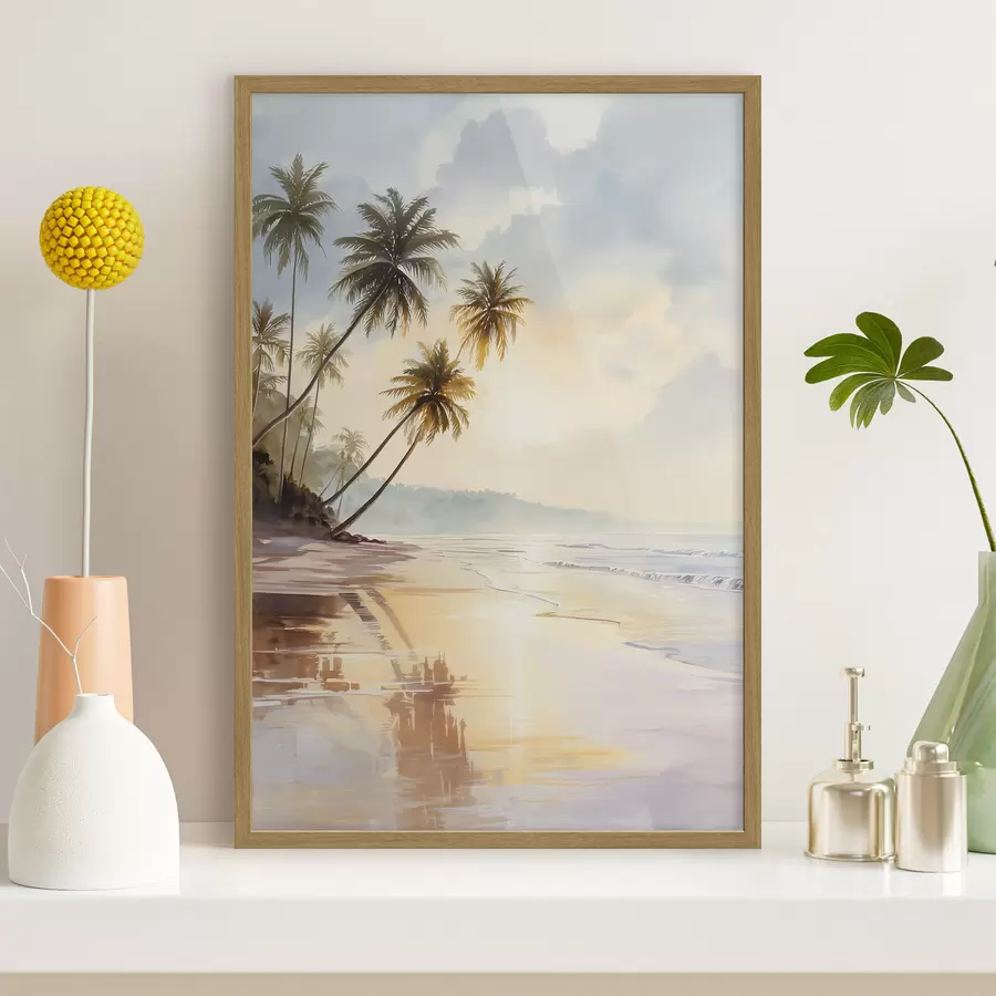 Fotobehang zonsondergangstrand op een eiland in aquarelstijl f47136