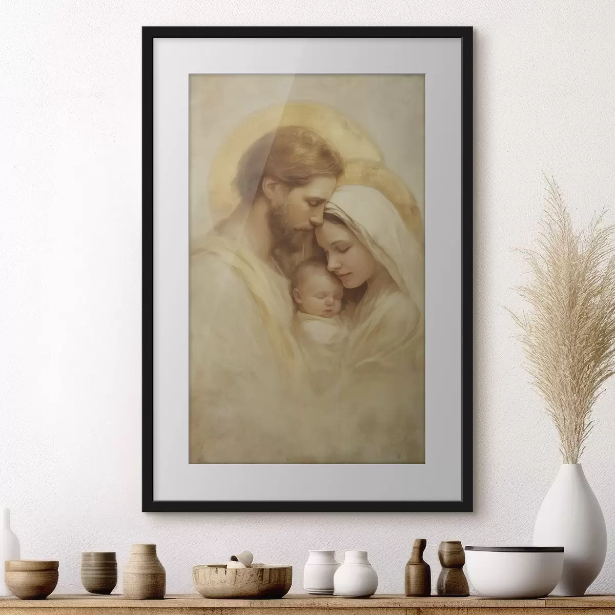 Poster De Maagd Maria en Jozef met het kindje Jezus in de stijl van een oud fresco f47141