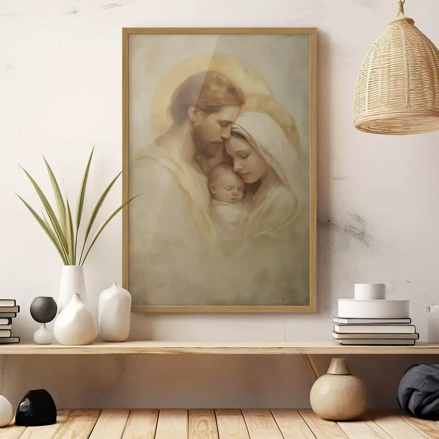 Fotobehang De Maagd Maria en Jozef met het kindje Jezus in de stijl van een oud fresco f47141