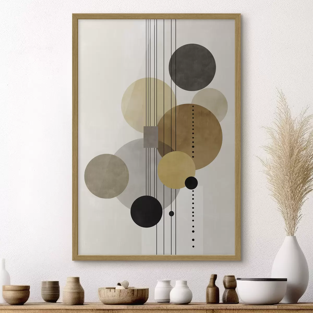 Poster abstractie met cirkels en lijnen in warme kleuren f47238