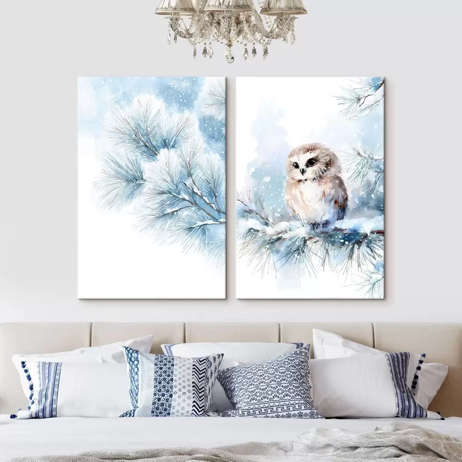  Schilderijen schattige uil op een met sneeuw bedekte dennenboomtak in aquarelstijl m01168