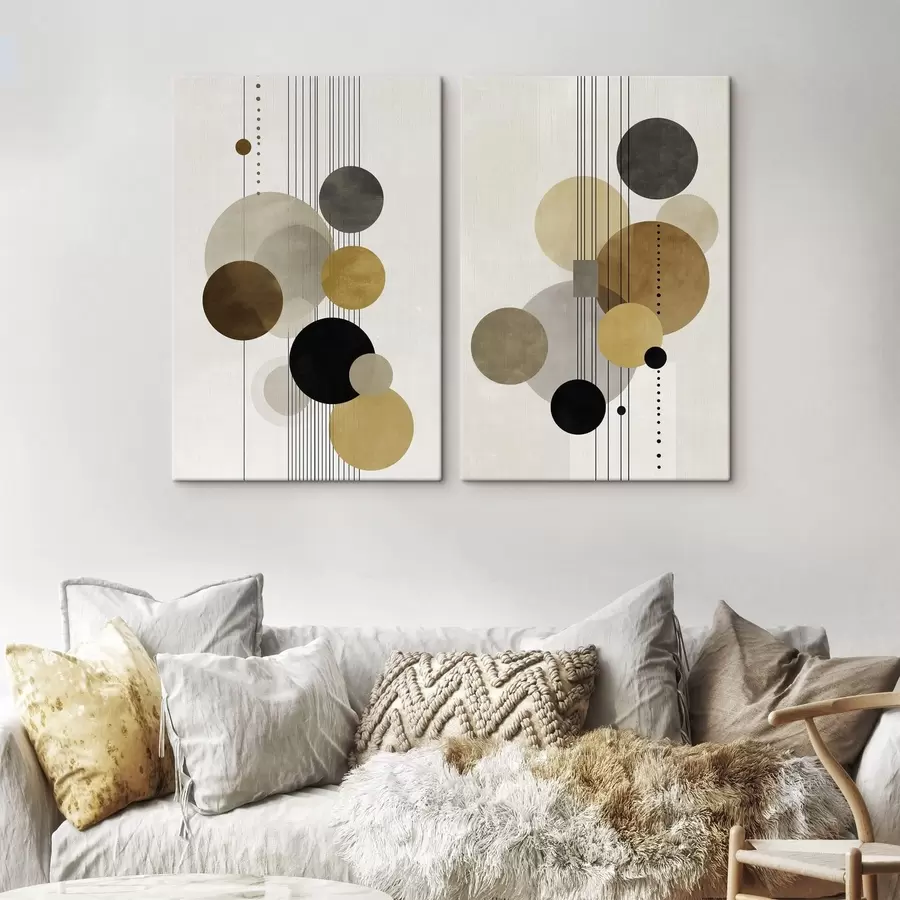  Schilderijen abstractie met cirkels en lijnen in warme kleuren m01182