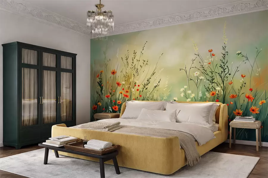 Fotobehang Weidebloemen en grassen in zachte, schilderachtige stijl w05015