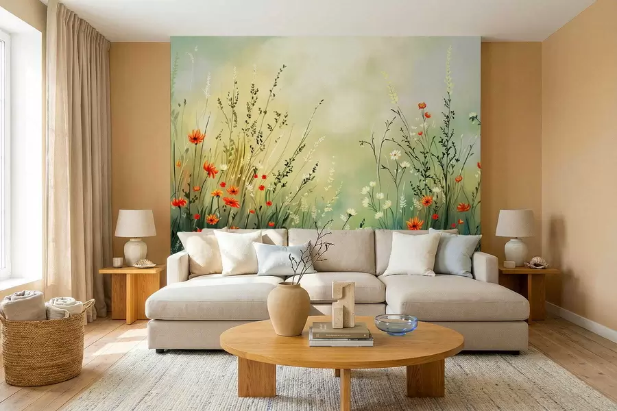 Fotobehang Weidebloemen en grassen in zachte, schilderachtige stijl w05015