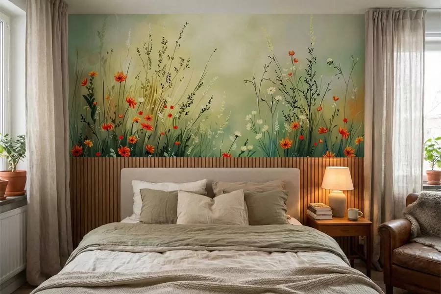 Fotobehang Weidebloemen en grassen in zachte, schilderachtige stijl w05015