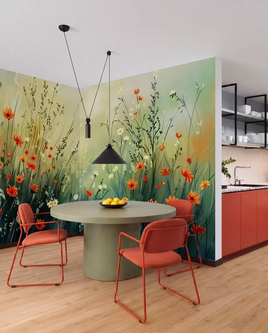 Fotobehang Weidebloemen en grassen in zachte, schilderachtige stijl w05015