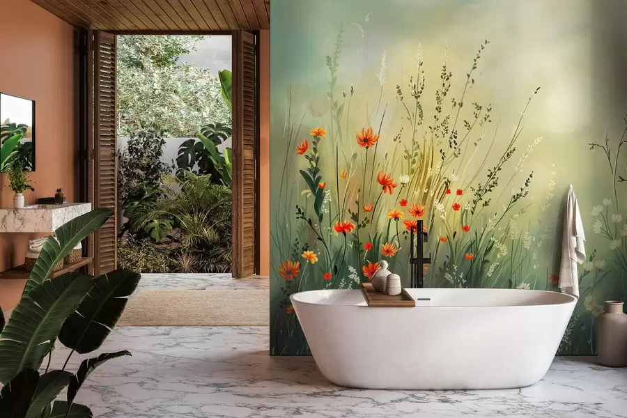 Fotobehang Weidebloemen en grassen in zachte, schilderachtige stijl w05015