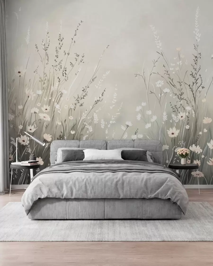 Fotobehang Zachte weidescène met witte bloemen en delicate grassen w05015v1