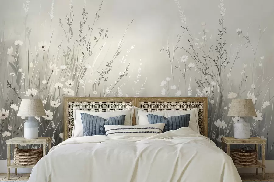 Fotobehang Zachte weidescène met witte bloemen en delicate grassen w05015v1