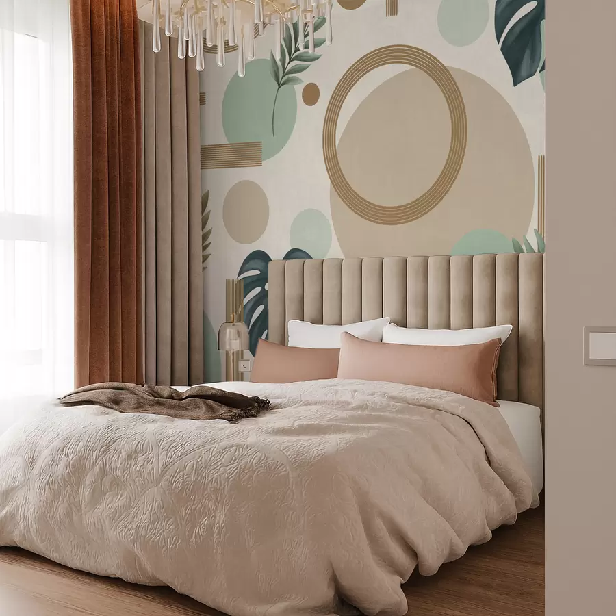 Fotobehang Geometrisch patroon met bladeren in groene kleuren w05018v1