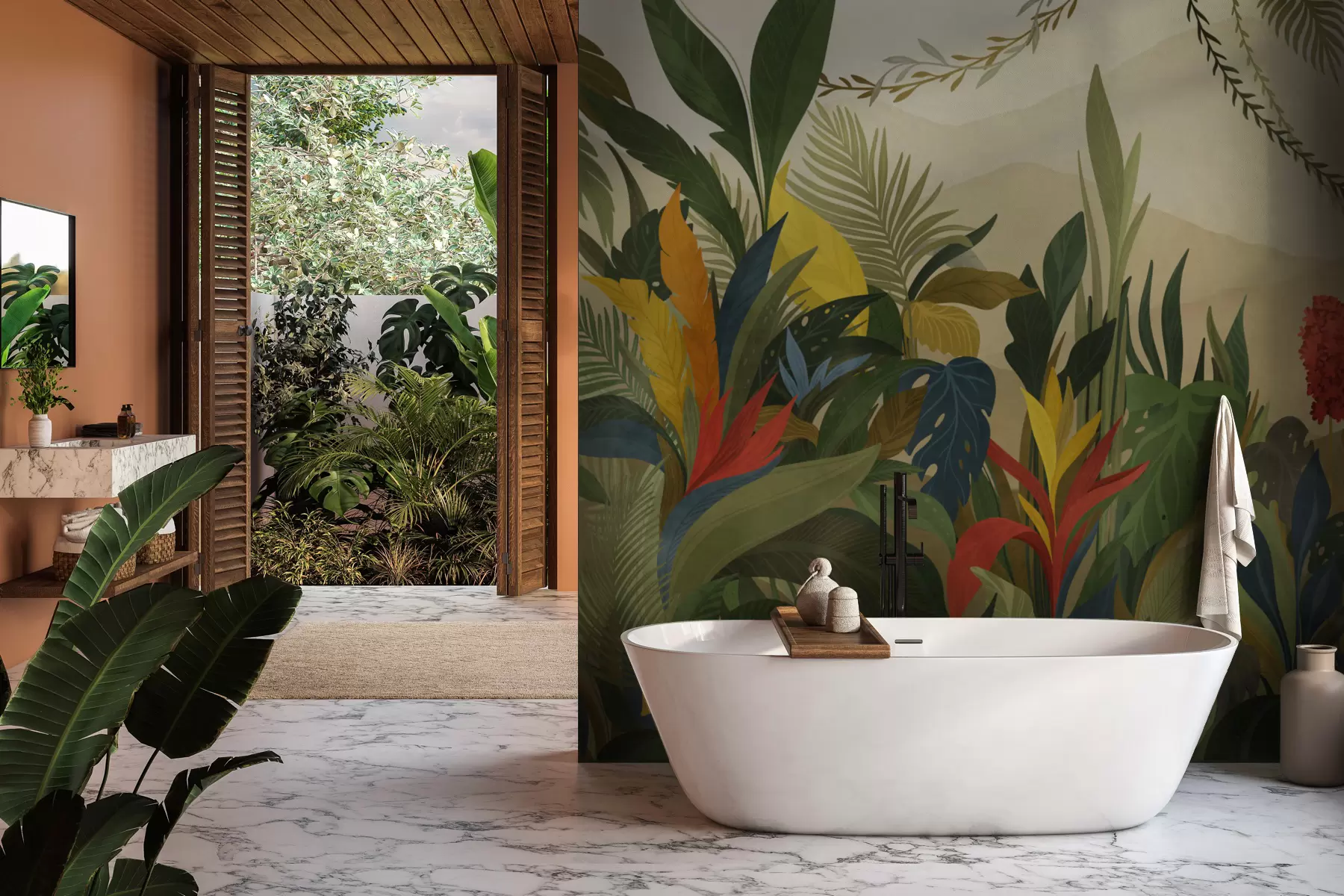 Fotobehang Tropisch gebladerte met grote bladeren en bloemen w05019