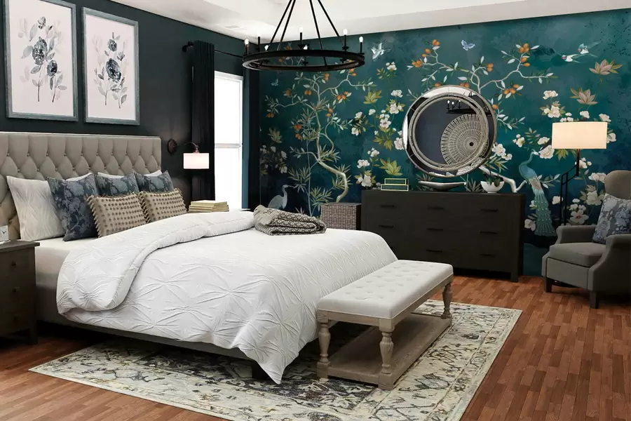 Fotobehang Decoratieve scène met bomen, bloemen en vogels op donkere achtergrond w05004