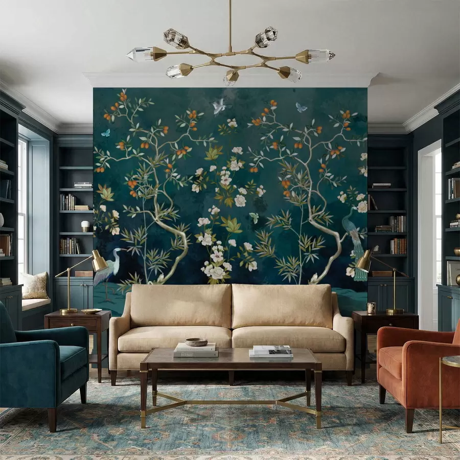 Fotobehang Decoratieve scène met bomen, bloemen en vogels op donkere achtergrond w05004