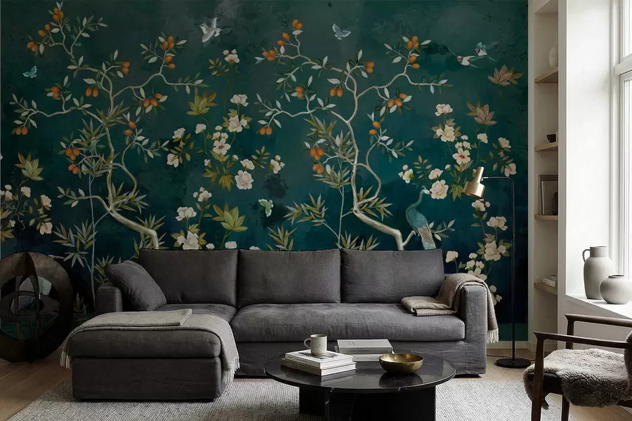 Fotobehang Decoratieve scène met bomen, bloemen en vogels op donkere achtergrond w05004