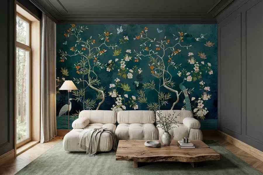 Fotobehang Decoratieve scène met bomen, bloemen en vogels op donkere achtergrond w05004