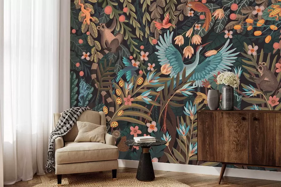 Fotobehang Fantasiescène met vogels en dieren tussen planten w05024