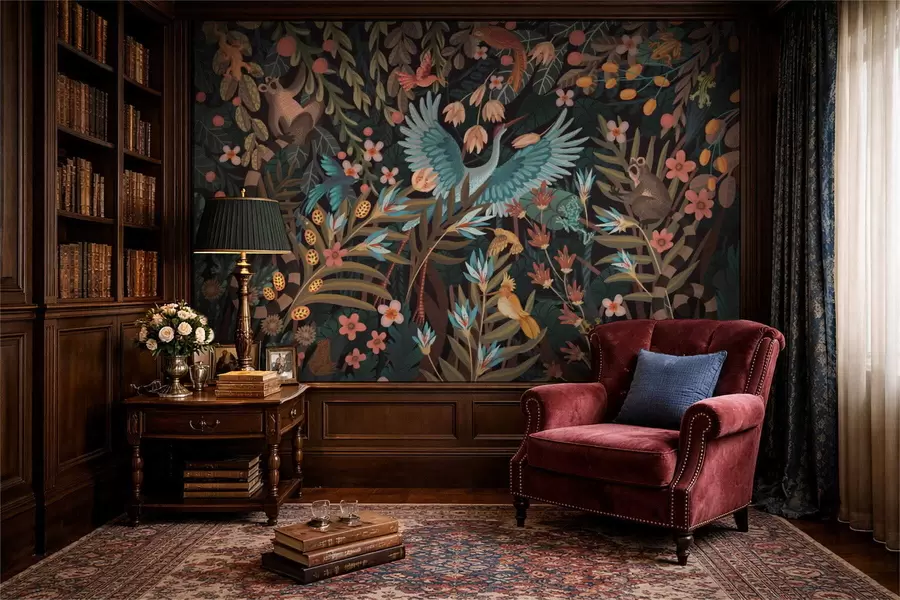 Fotobehang Fantasiescène met vogels en dieren tussen planten w05024