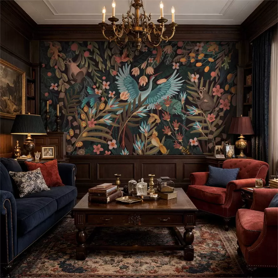 Fotobehang Fantasiescène met vogels en dieren tussen planten w05024