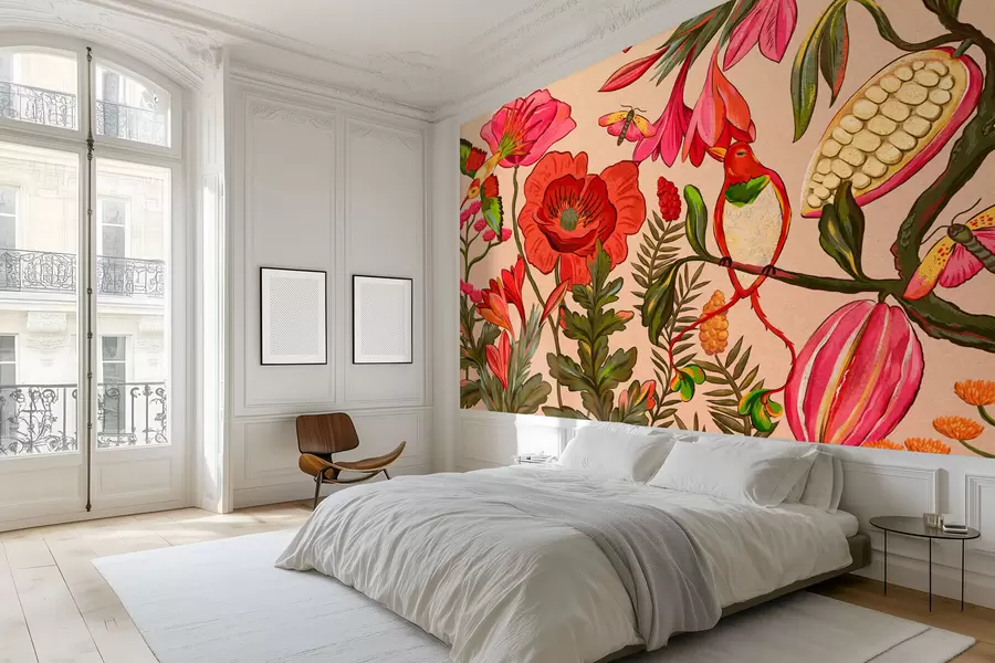 Fotobehang Decoratieve bloemen en vogels op beige achtergrond w05036