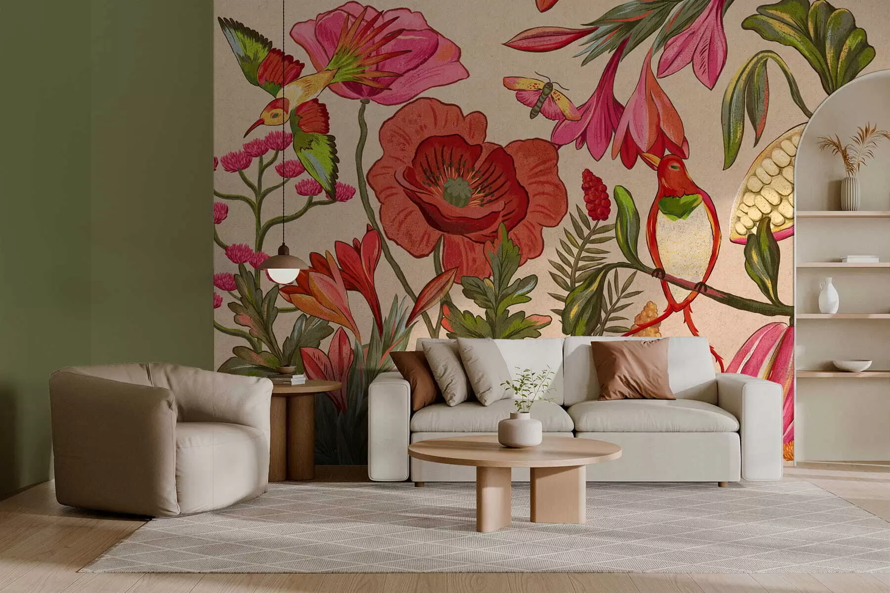 Fotobehang Decoratieve bloemen en vogels op beige achtergrond w05036