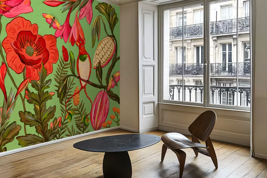 Fotobehang Decoratieve bloemen en vogels op groene achtergrond w05036v1