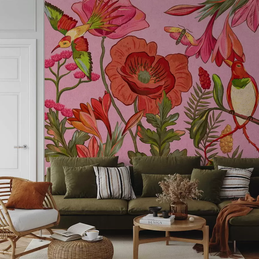 Fotobehang Decoratieve bloemen en vogels op roze achtergrond w05036v2