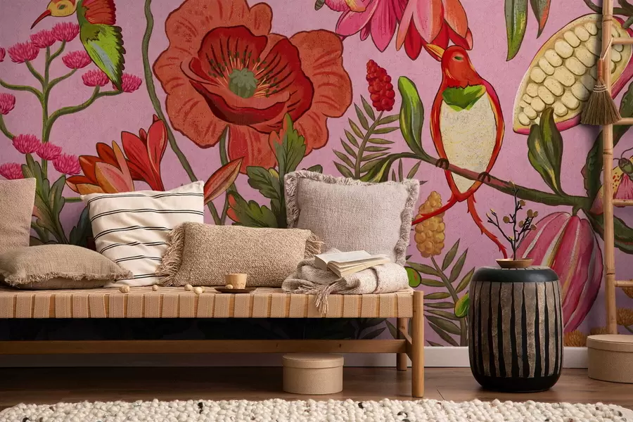 Fotobehang Decoratieve bloemen en vogels op roze achtergrond w05036v2