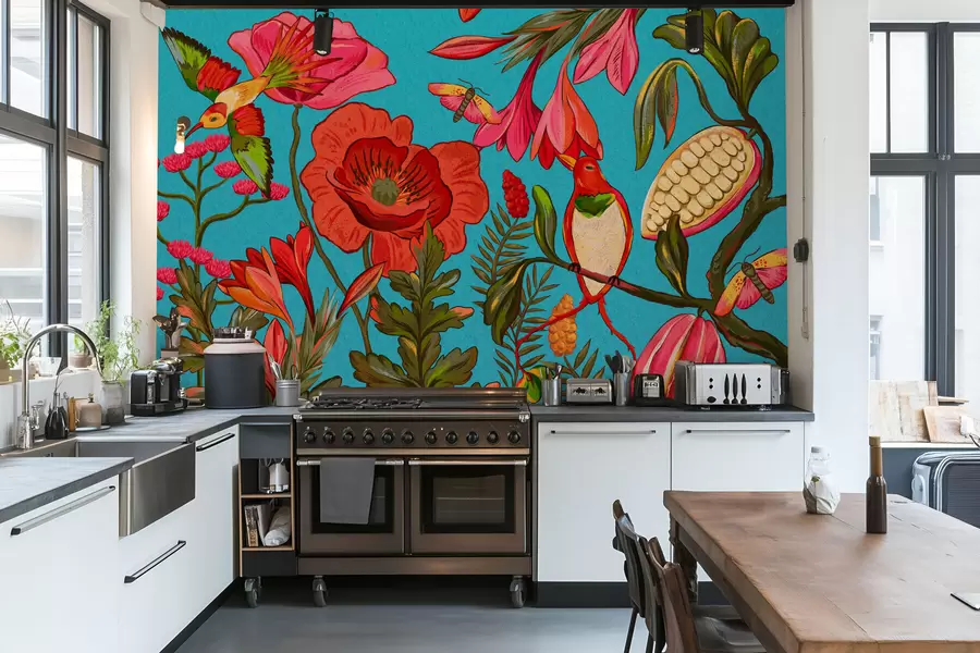 Fotobehang Decoratieve bloemen en vogels op blauwe achtergrond w05036v3