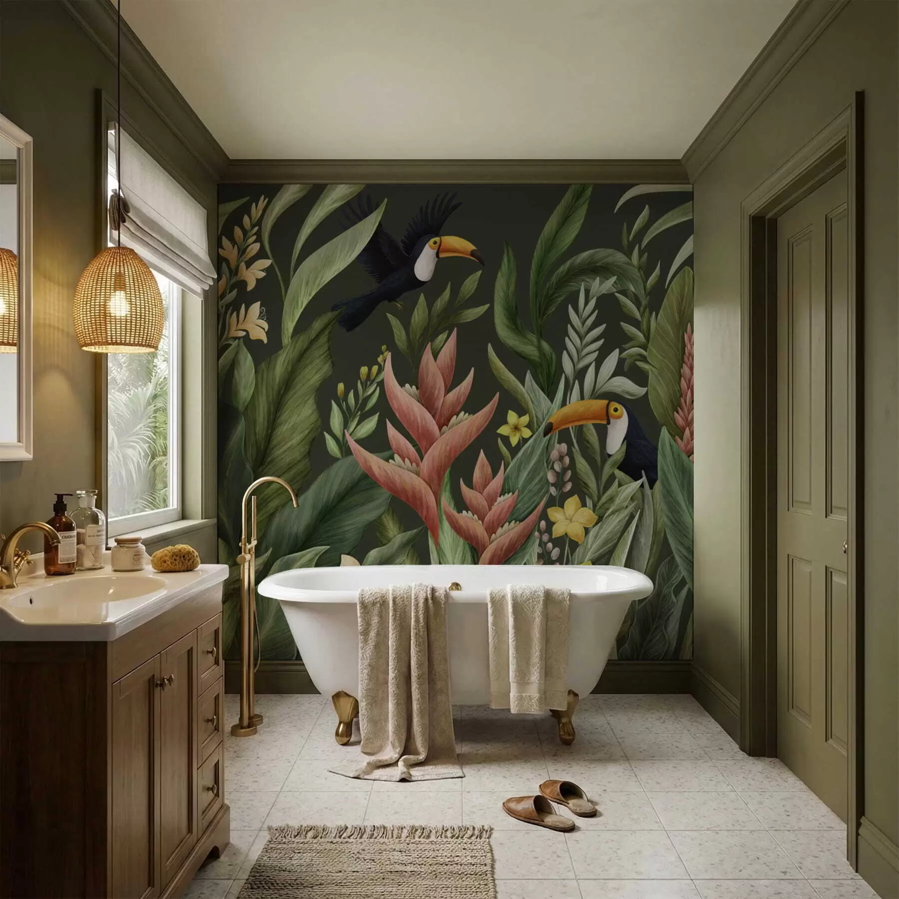 Fotobehang Tropische planten en vogels met grote snavels op lichte achtergrond w05088