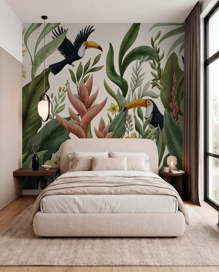 Fotobehang Tropische planten en vogels met grote snavels op lichte achtergrond w05088v1