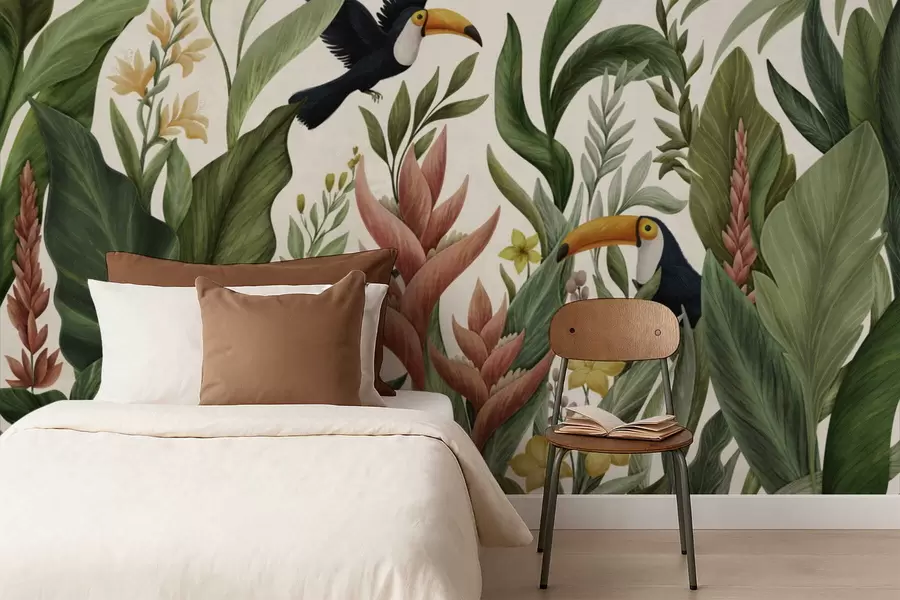 Fotobehang Tropische planten en vogels met grote snavels op lichte achtergrond w05088v1