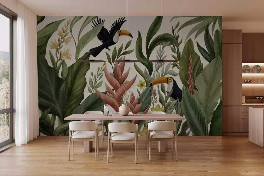 Fotobehang Tropische planten en vogels met grote snavels op lichte achtergrond w05088v1