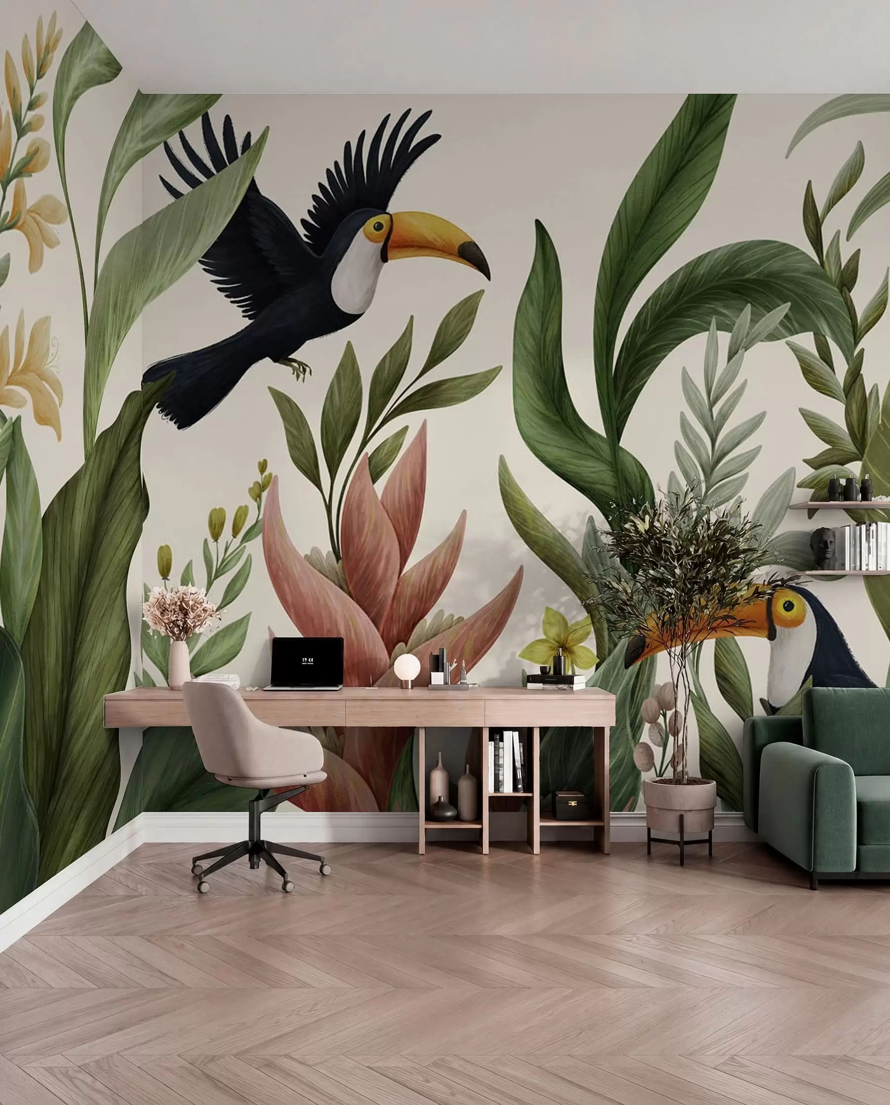 Fotobehang Tropische planten en vogels met grote snavels op lichte achtergrond w05088v1