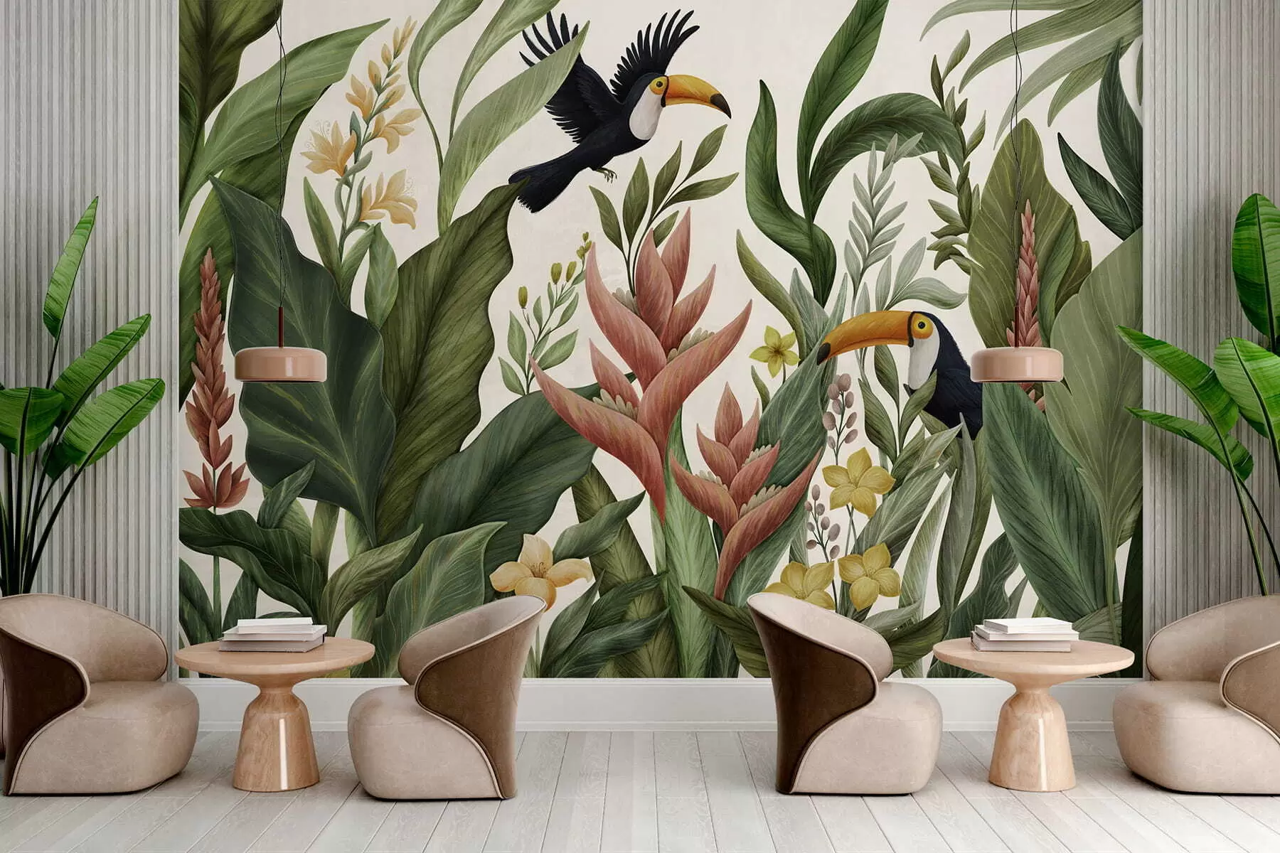 Fotobehang Tropische planten en vogels met grote snavels op lichte achtergrond w05088v1