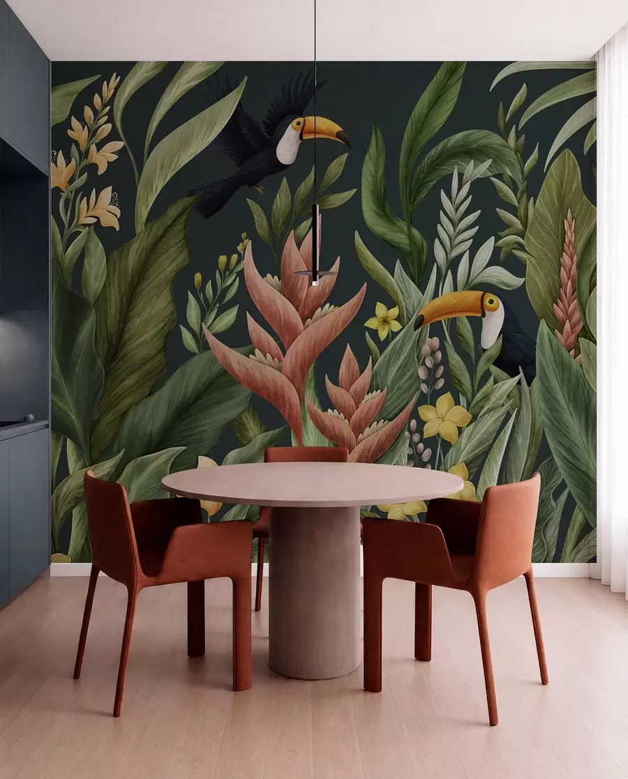 Fotobehang Tropische planten en vogels met grote snavels op donkere achtergrond w05088v2