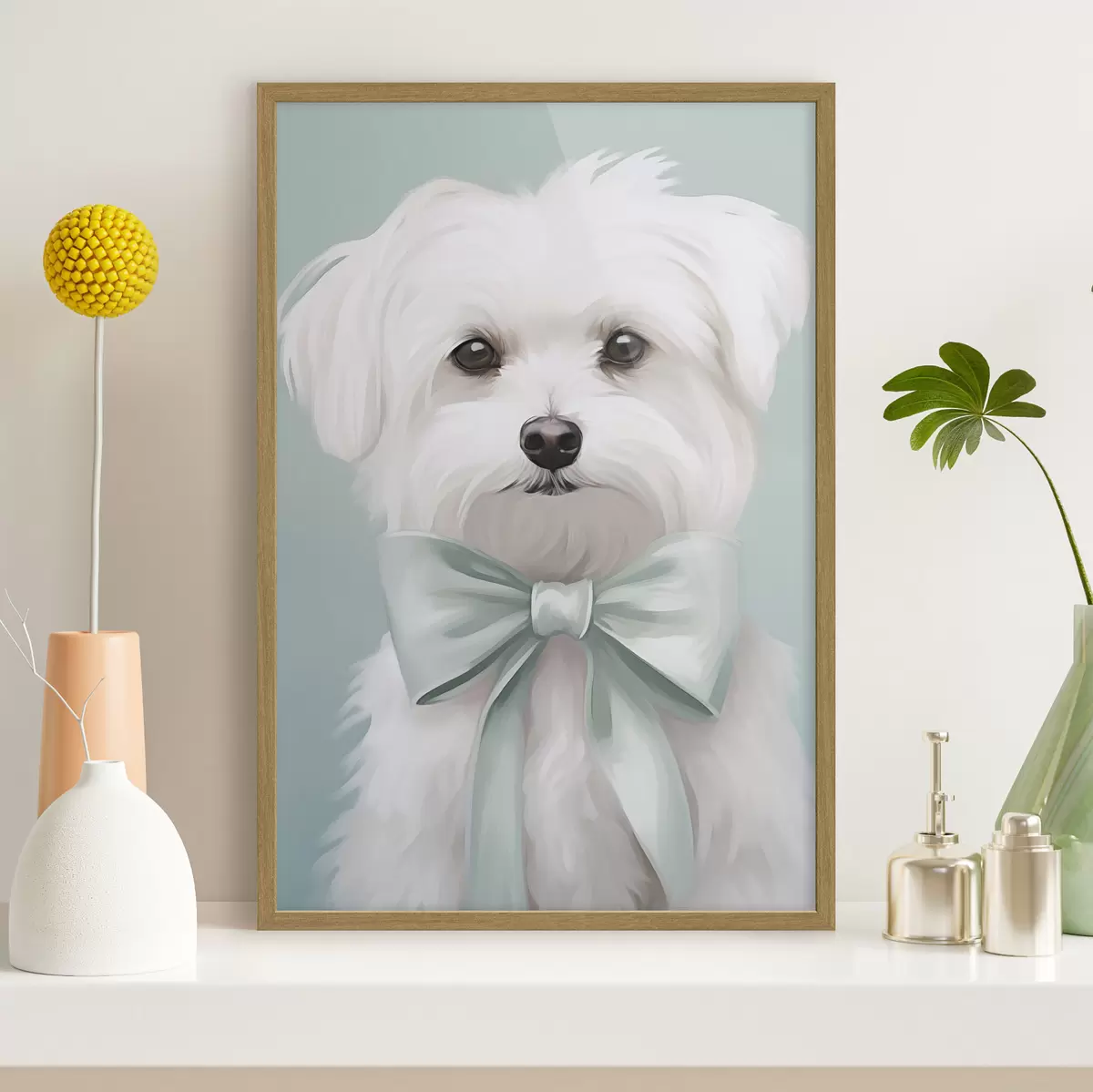 Poster Kleine hond met een strik f47413